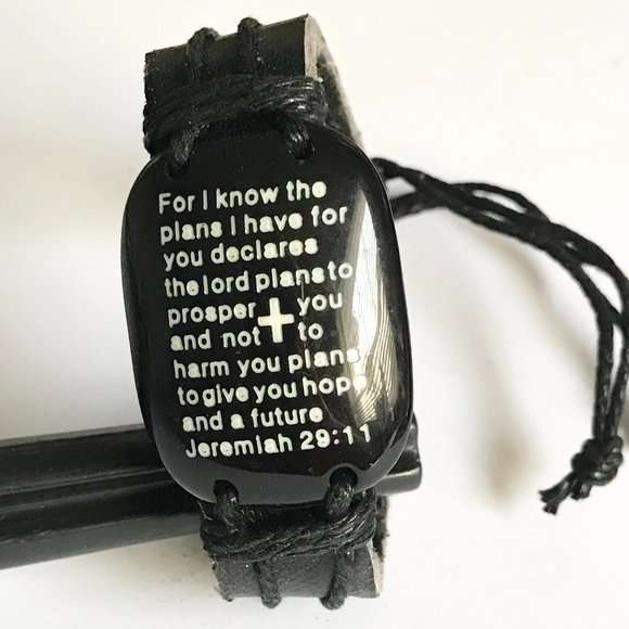 Jeremiah 29:11 Bible Verse Message Bracelet Mens Womens Black Leather Rope - Picture 6 of 11